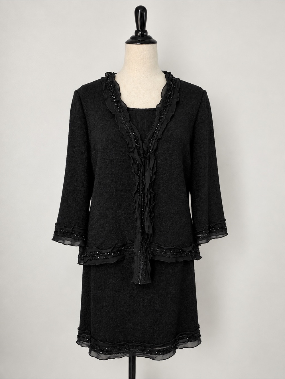 St. John Black Women's Ruffled Santana Knit Skirt Set Jacket Size 16